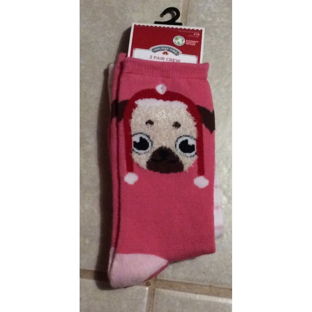 Holiday Time 4-10 Crew Socks Pink 2 Pair Santa Hat Pug Dog Puppy Christmas NEW